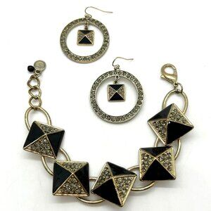 Vera Wang Black & Silver Bracelet & Earrings Geometric Rhinestone with Set Elega